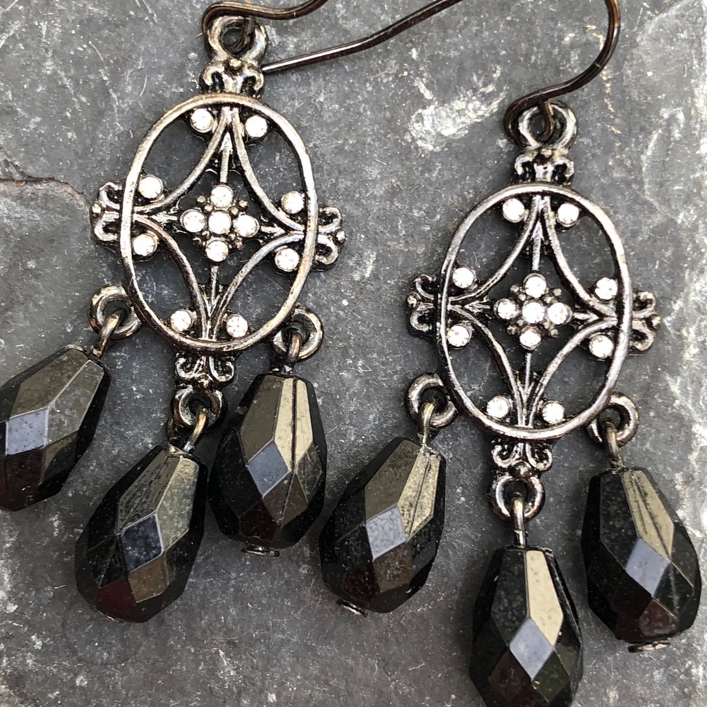 Black crystal and silver hardware earrings
